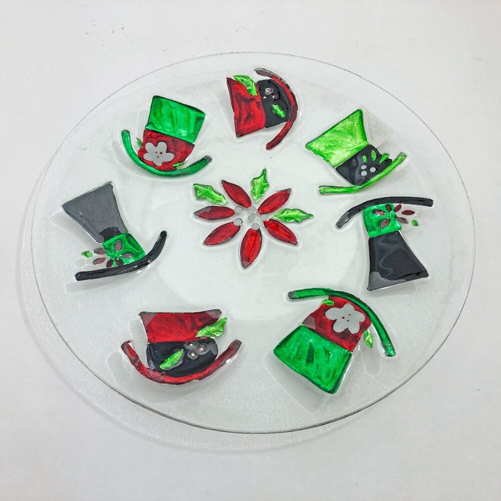 Christmas Clear Glass Hand Painted Party Cake Plate 13" Top Hats Vintage